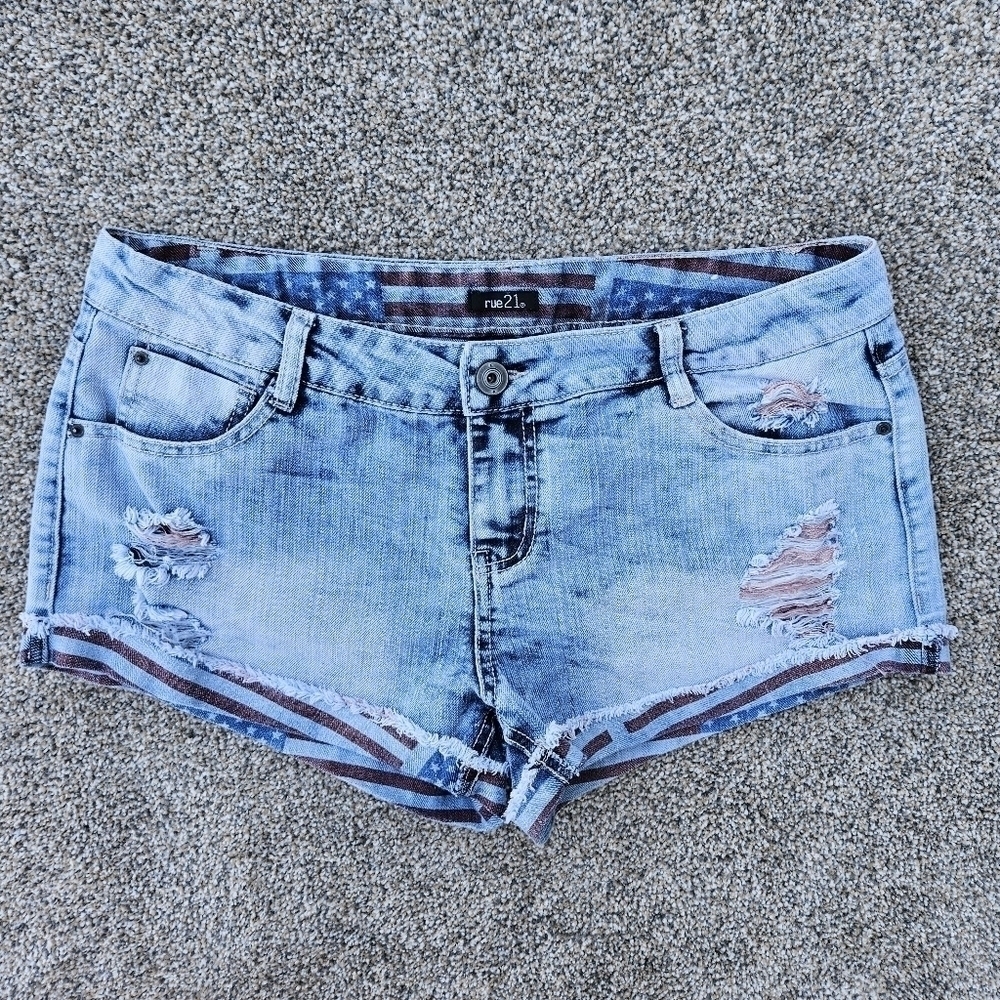 Patriotic Distressed Blue Denim American Flag Shorty Short Shorts Rue 21 Size 14 - Picture 1 of 13
